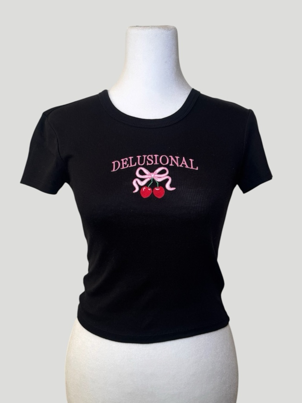 Delusional Cherry Bow Pink Embroidered Black Ribbed Baby Tee Crop Top